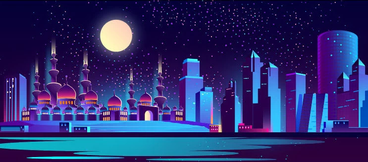 未来科技科幻霓虹灯渐变绚丽城市建筑夜景灯光插画AI/PSD设计素材100套【077】